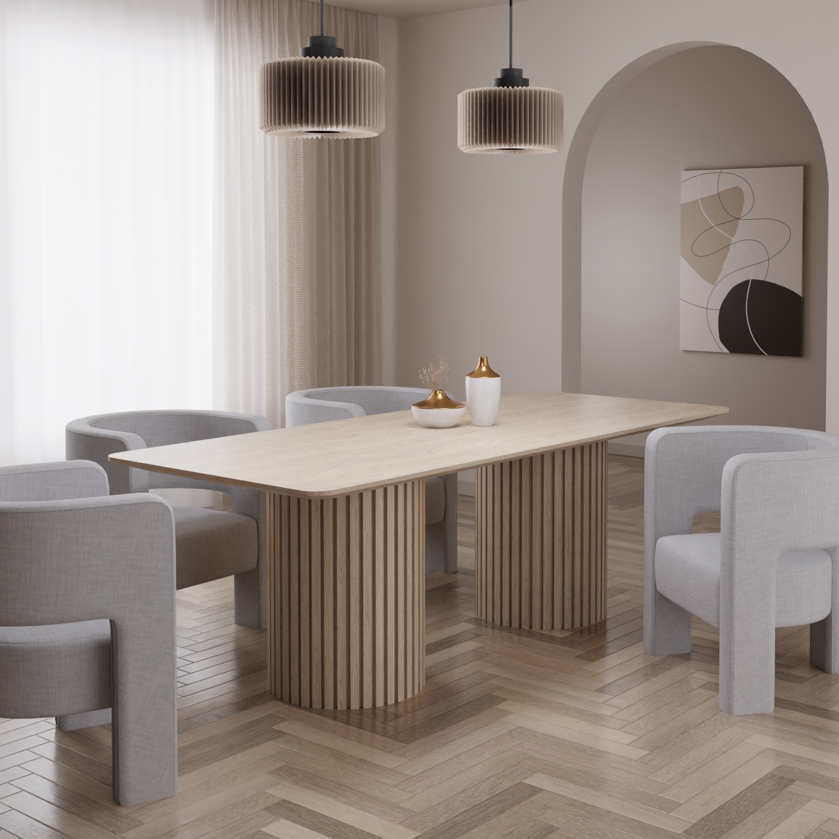 Stół dębowy FLAVIA nogi okrągłe ryflowane rozkładany drewniany surowe drewno