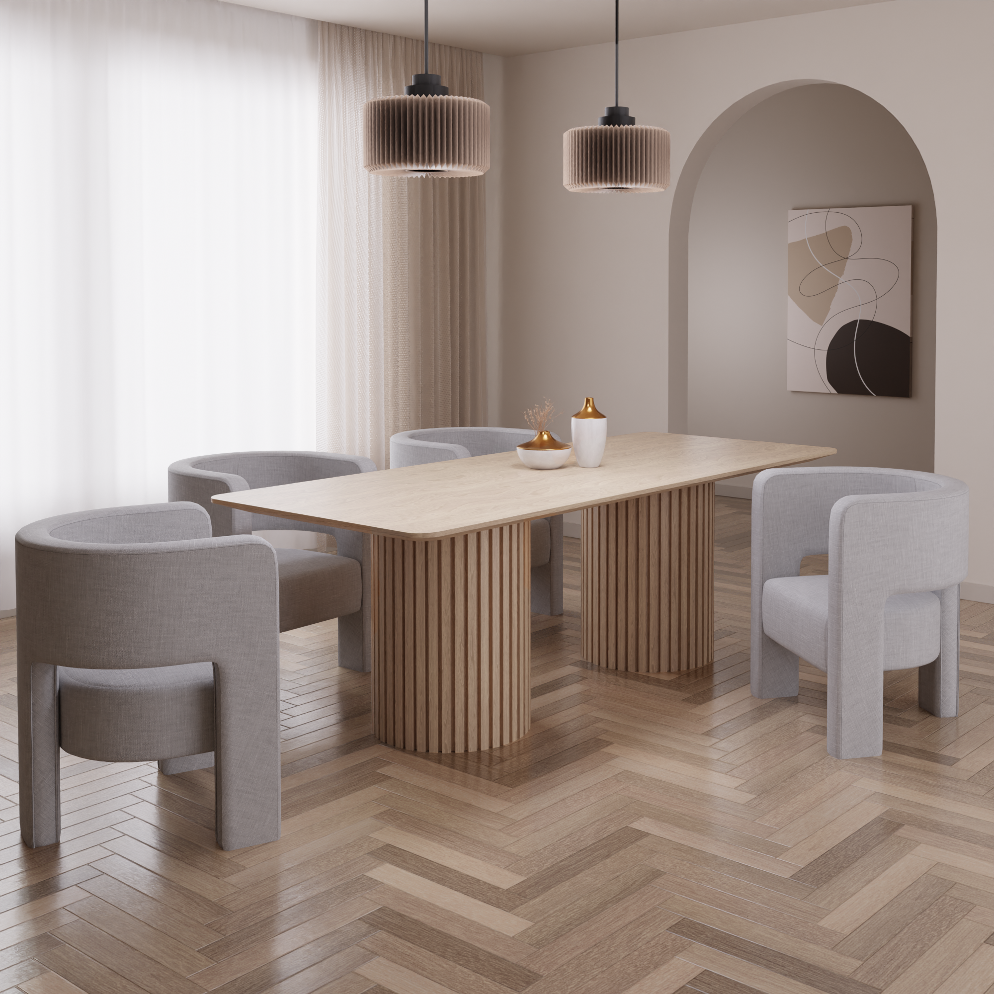 model 15 v2 interior Stół dębowy FLAVIA nogi okrągłe ryflowane rozkładany drewniany surowe drewno