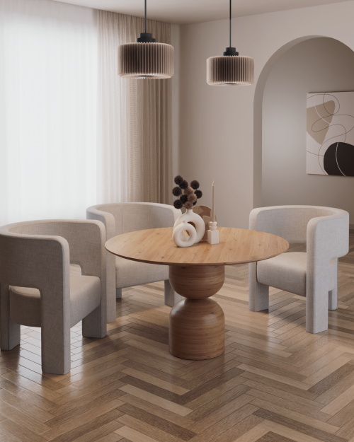 Stół dębowy okrągły GLORY z geometryczną podstawą z litego drewna