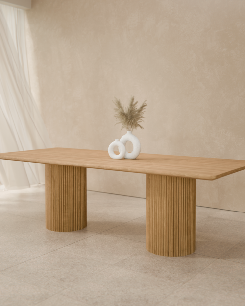 Stół dębowy FELIA z dwiema nogami masywny długi z półwałków drewniany lite drewno rozkładany